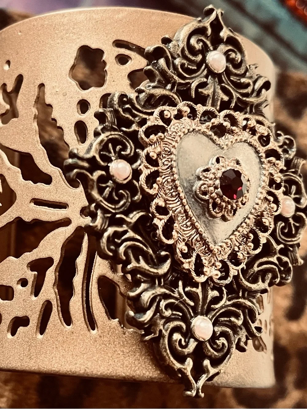 Ornate Heart Filigree Metal Cuff Bracelet - Antique Gold